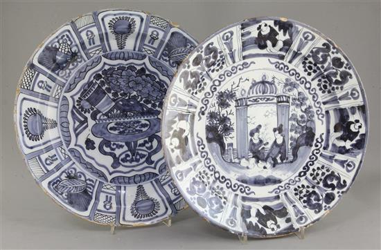 Two Delft blue and white dishes, late 17th century, 34 and 36cm, faults